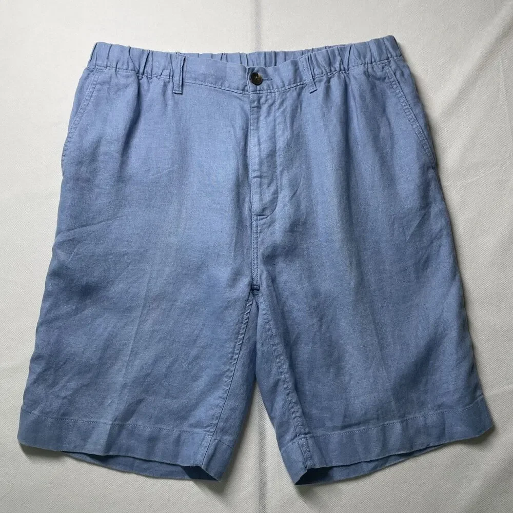 Caribbean 100% Linen Flat Front Bermuda Shorts Blue Men's Size 38x10-(dmp)
